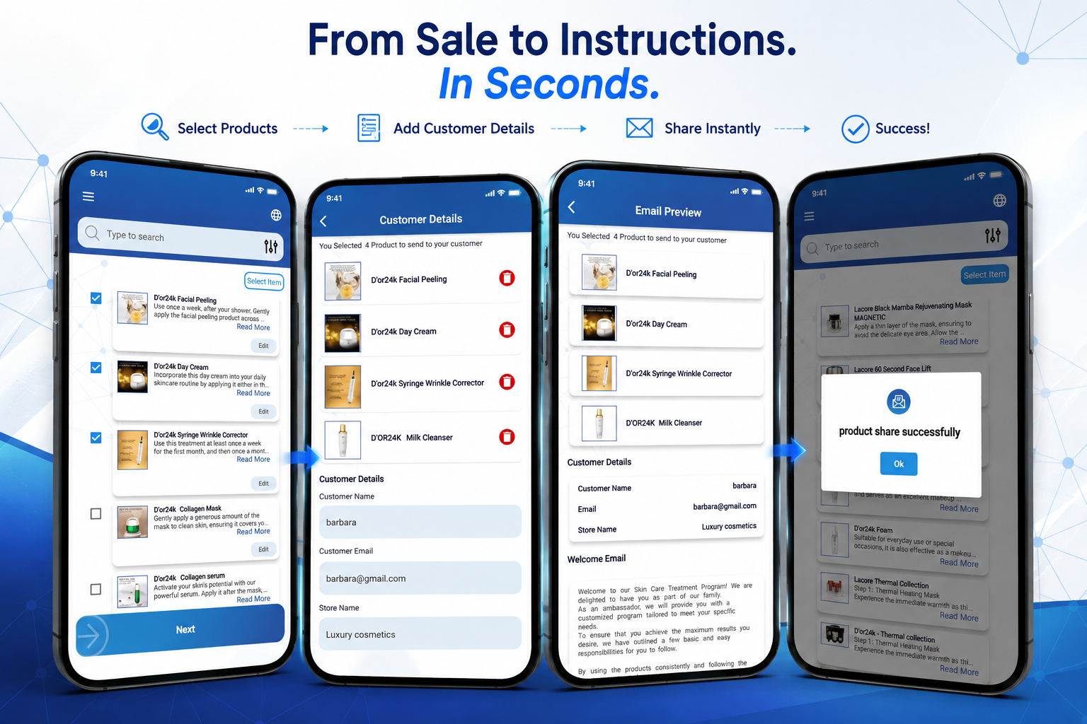 Easy Steps flow: select products, add customer details, share instantly